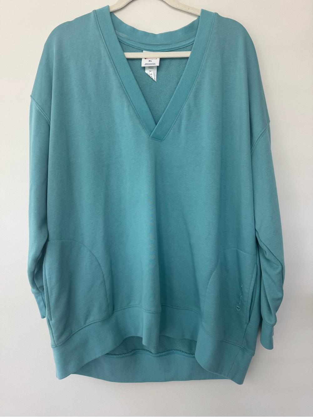 Champion Teal Blue V Neck Sweater Women Sz XL Relaxed Coastal Beach